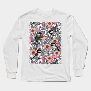 Chickadees in the wild rose, pink and gray Long Sleeve T-Shirt